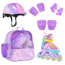 Набор роликовые коньки раздвижные FLORET White Pink Blue, шлем, набор защиты, в сумке (S: 31-34)